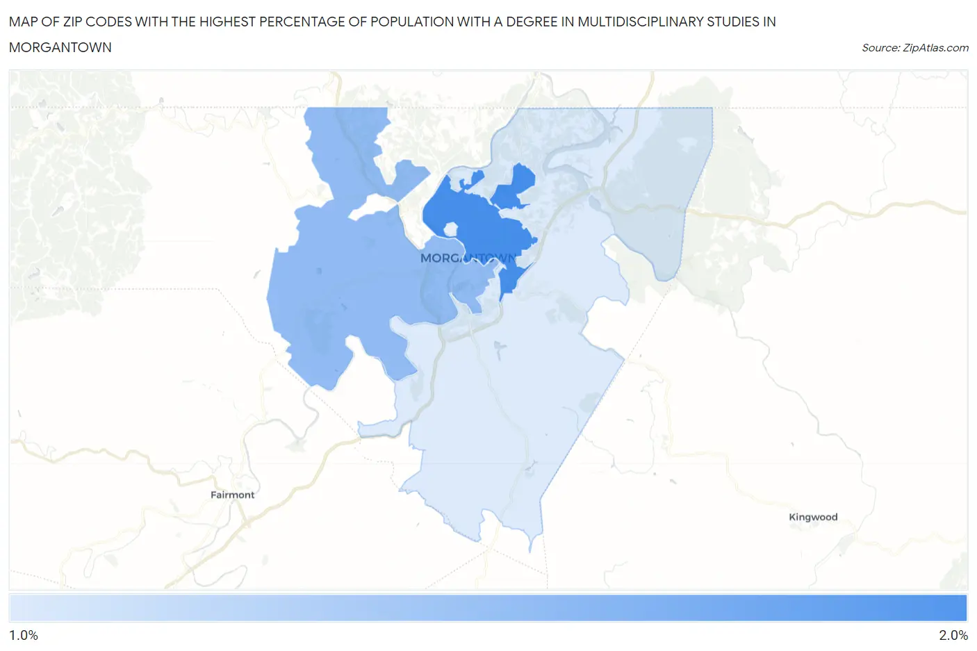 Zip Codes with the Highest Percentage of Population with a Degree in Multidisciplinary Studies in Morgantown Map