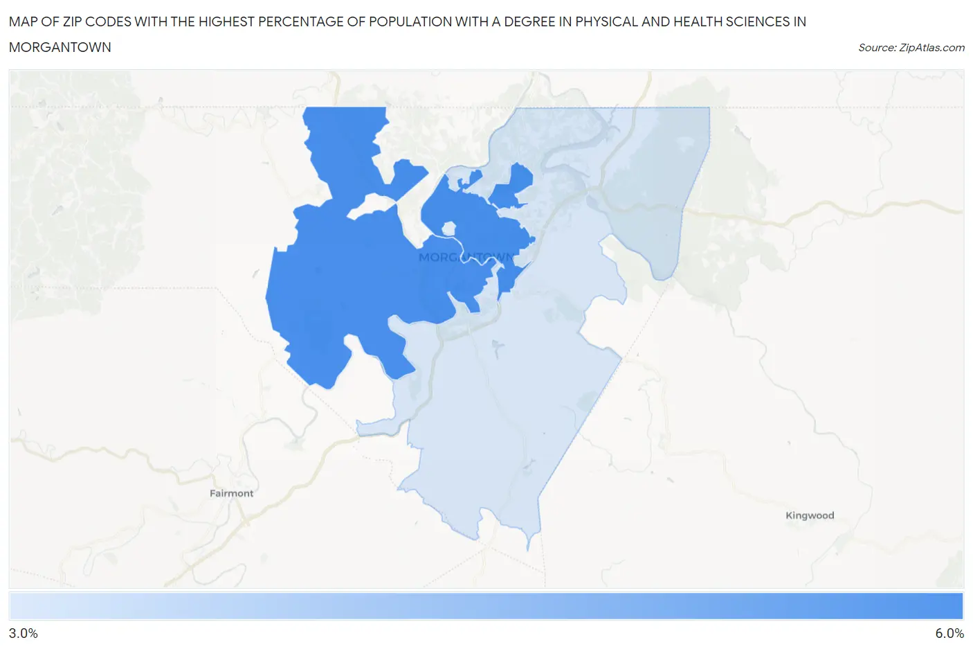 Zip Codes with the Highest Percentage of Population with a Degree in Physical and Health Sciences in Morgantown Map
