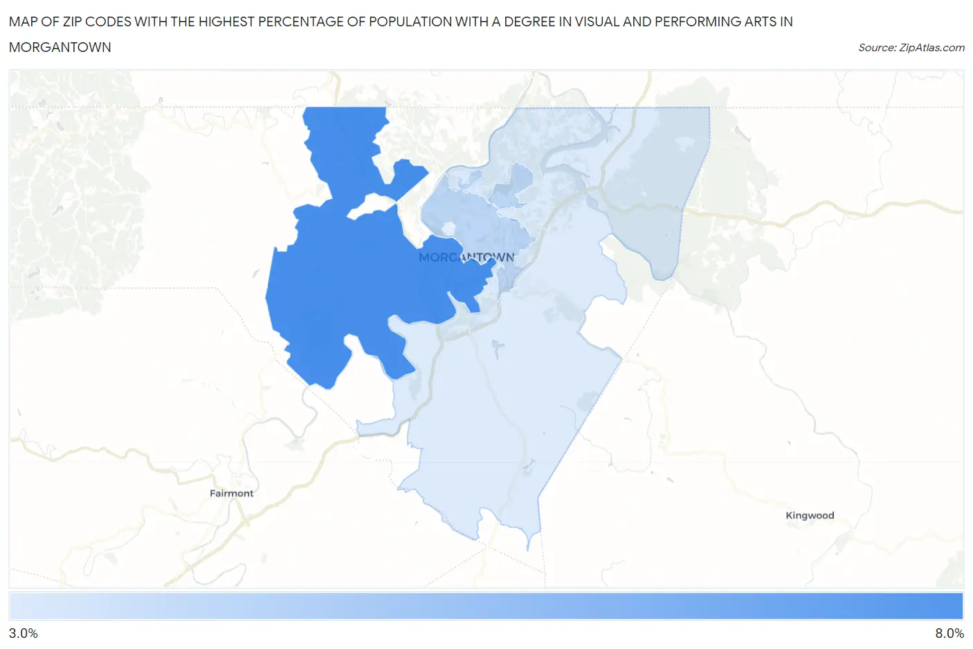 Zip Codes with the Highest Percentage of Population with a Degree in Visual and Performing Arts in Morgantown Map