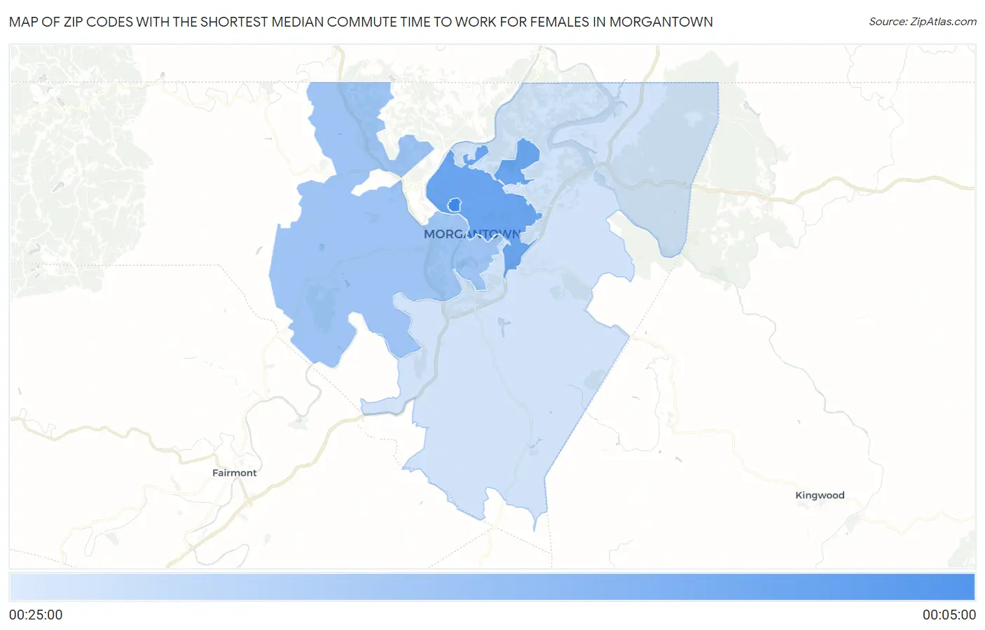 Zip Codes with the Shortest Median Commute Time to Work for Females in Morgantown Map