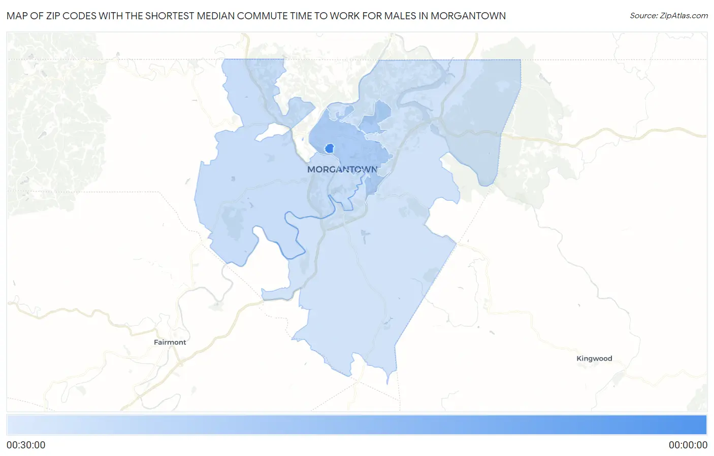 Zip Codes with the Shortest Median Commute Time to Work for Males in Morgantown Map