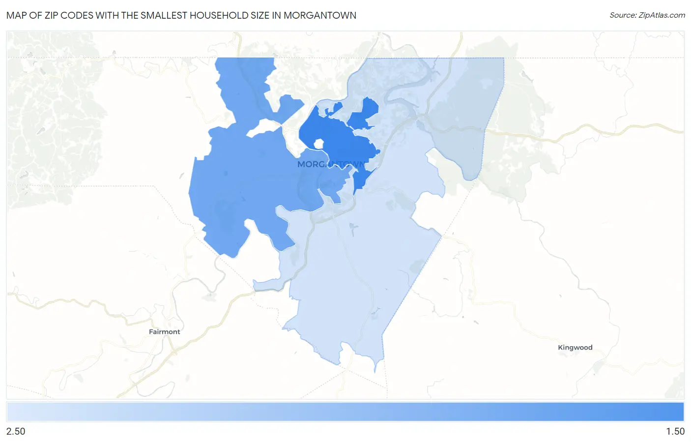 Zip Codes with the Smallest Household Size in Morgantown Map