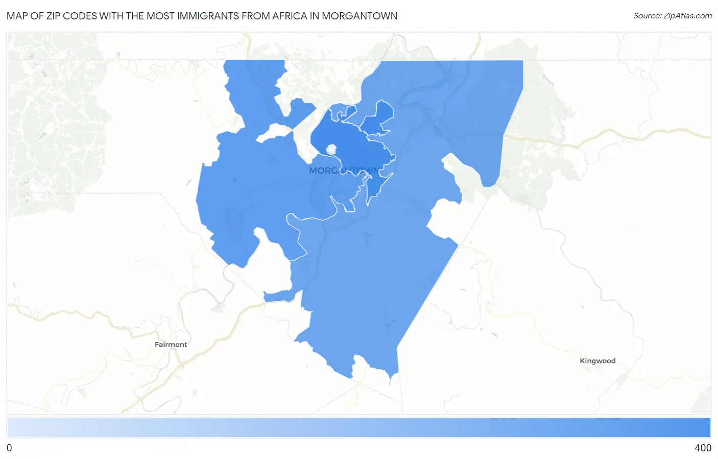 Zip Codes with the Most Immigrants from Africa in Morgantown Map