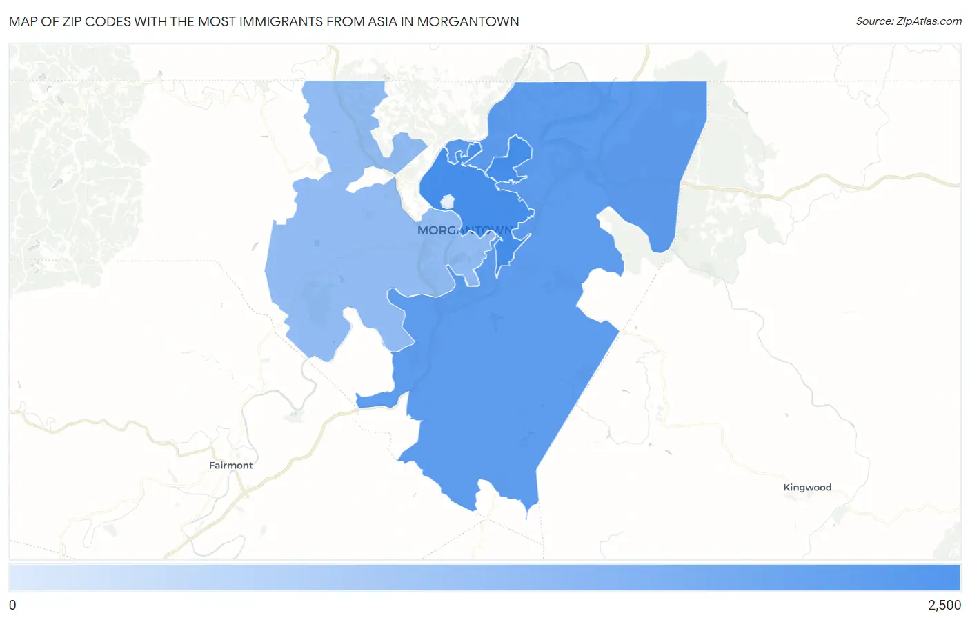 Zip Codes with the Most Immigrants from Asia in Morgantown Map