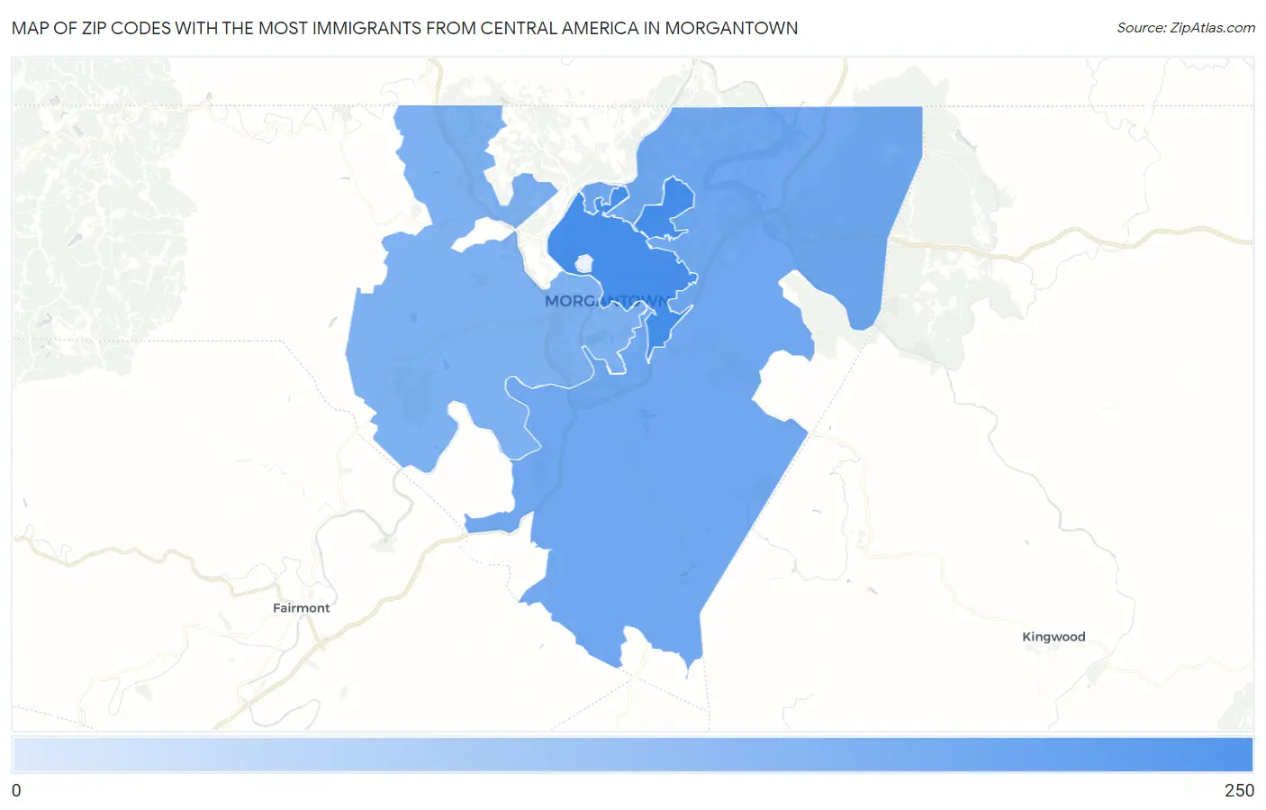 Zip Codes with the Most Immigrants from Central America in Morgantown Map