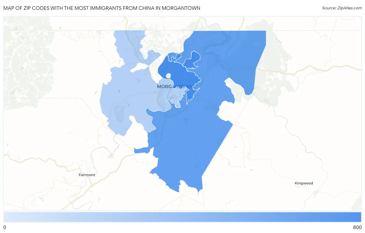 Zip Codes with the Most Immigrants from China in Morgantown Map