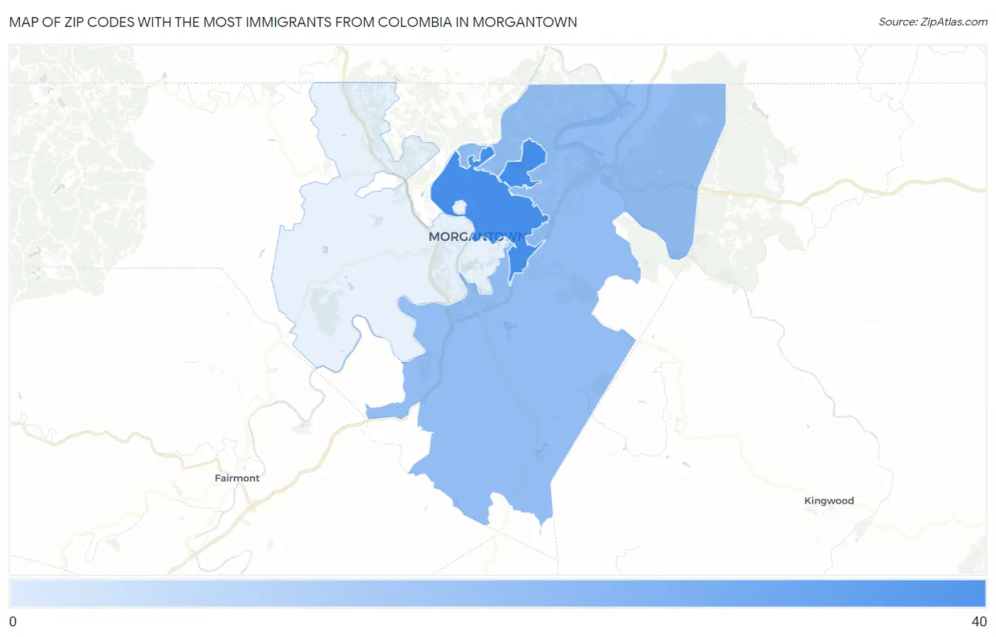 Zip Codes with the Most Immigrants from Colombia in Morgantown Map
