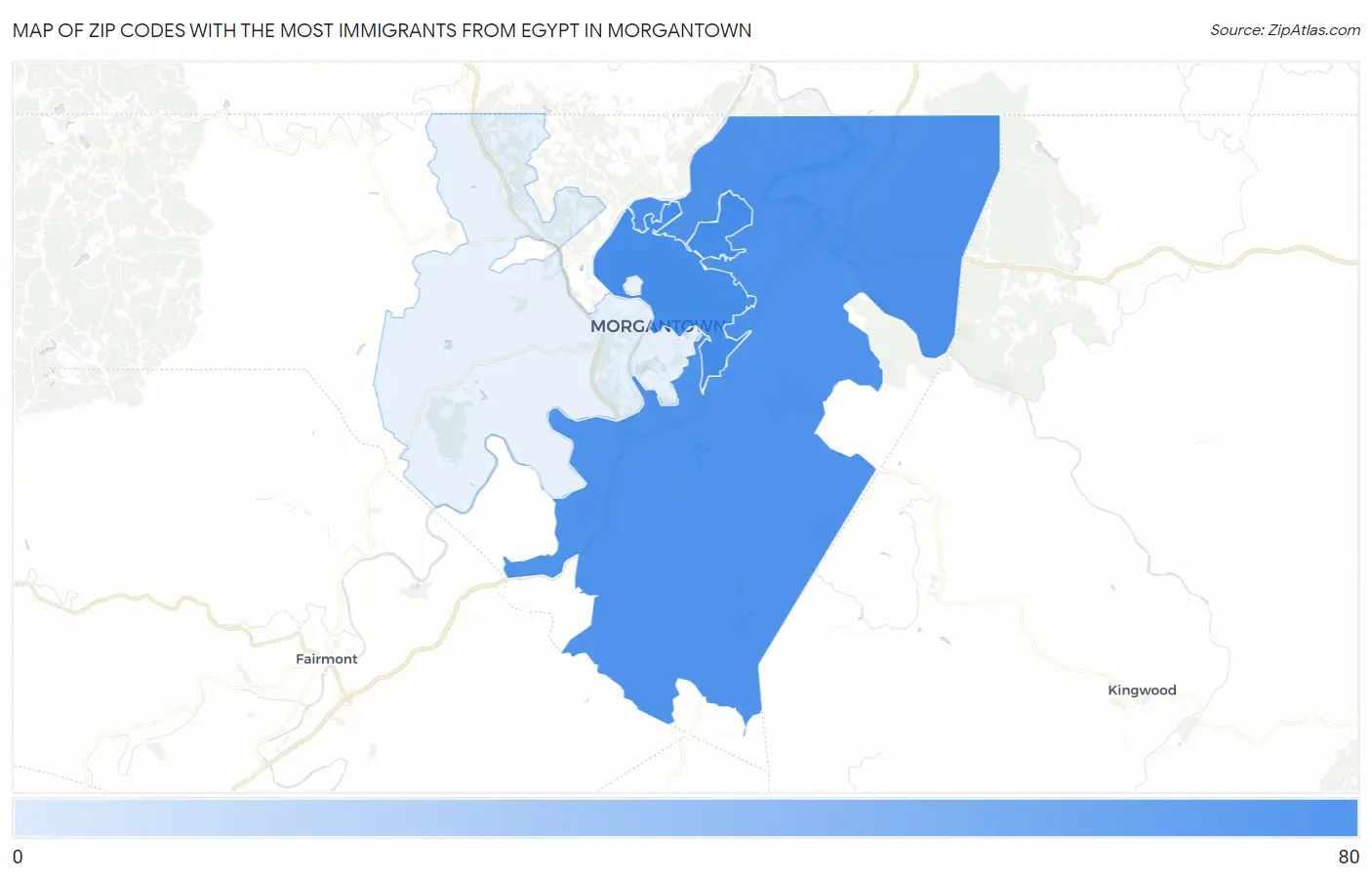 Zip Codes with the Most Immigrants from Egypt in Morgantown Map