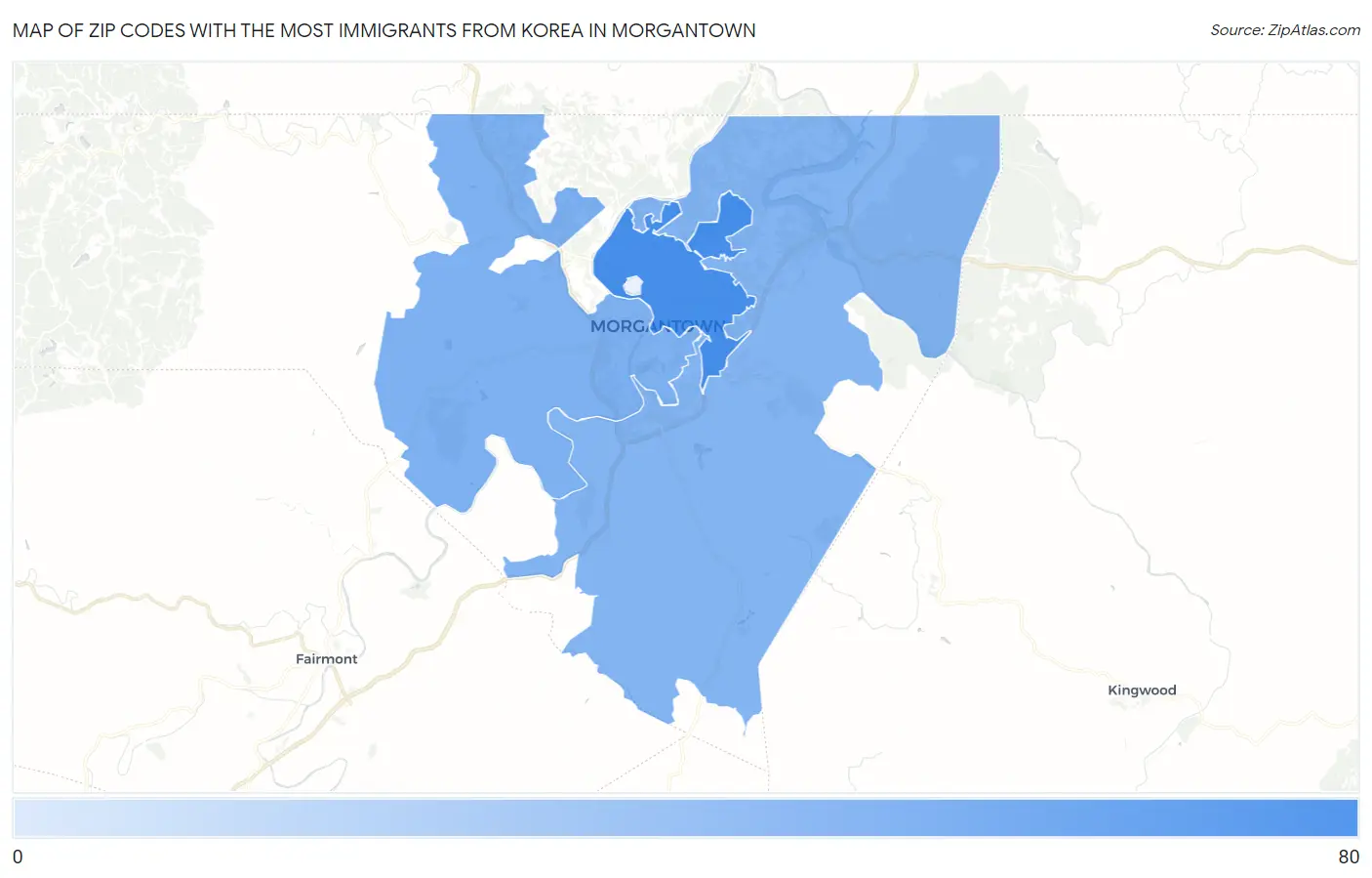 Zip Codes with the Most Immigrants from Korea in Morgantown Map