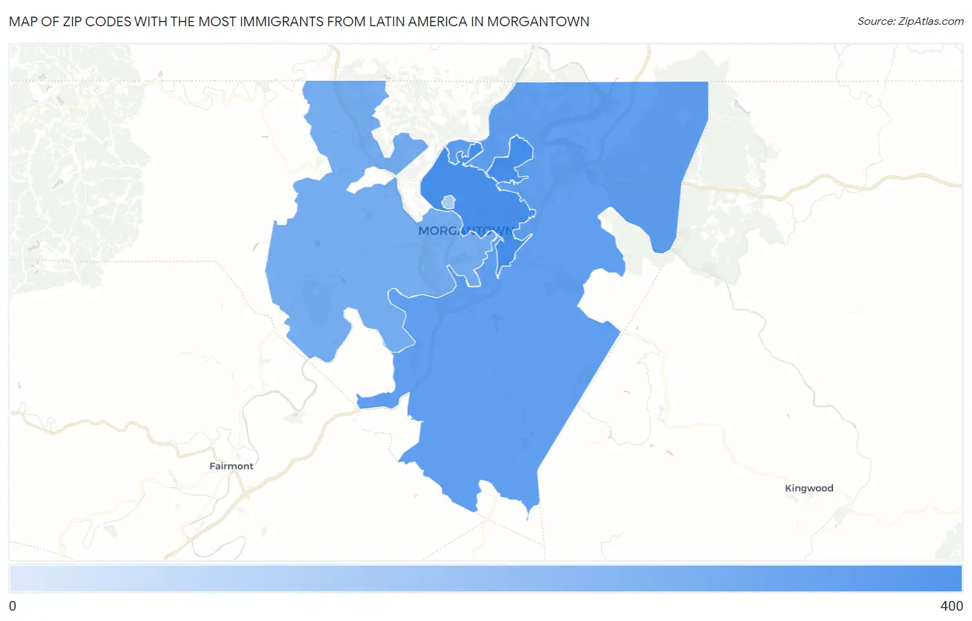 Zip Codes with the Most Immigrants from Latin America in Morgantown Map