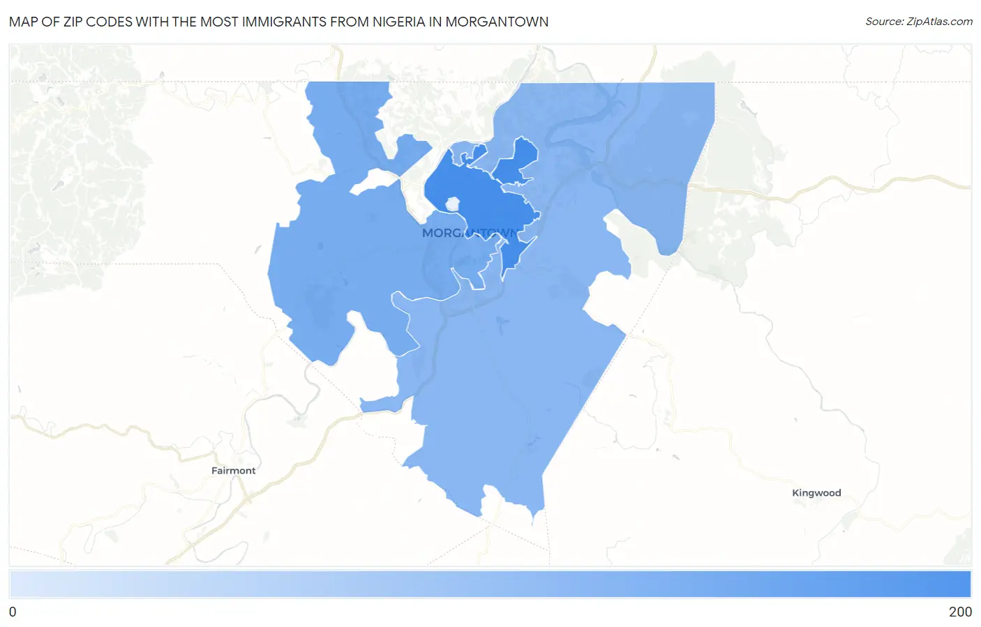 Zip Codes with the Most Immigrants from Nigeria in Morgantown Map