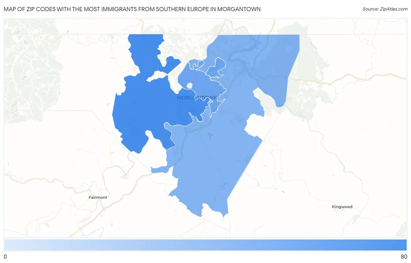 Zip Codes with the Most Immigrants from Southern Europe in Morgantown Map