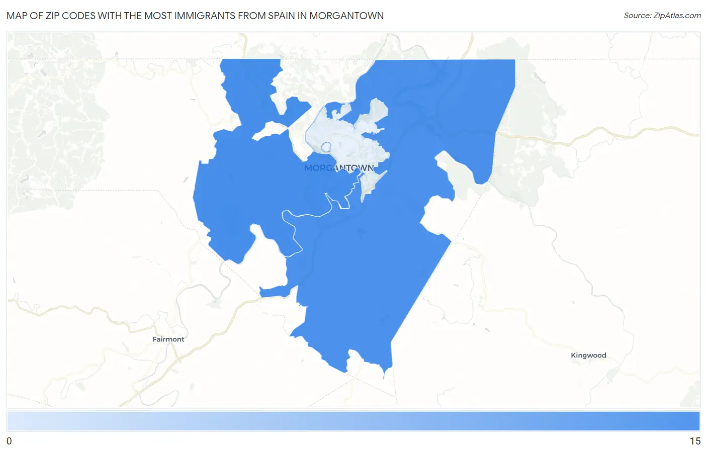 Zip Codes with the Most Immigrants from Spain in Morgantown Map