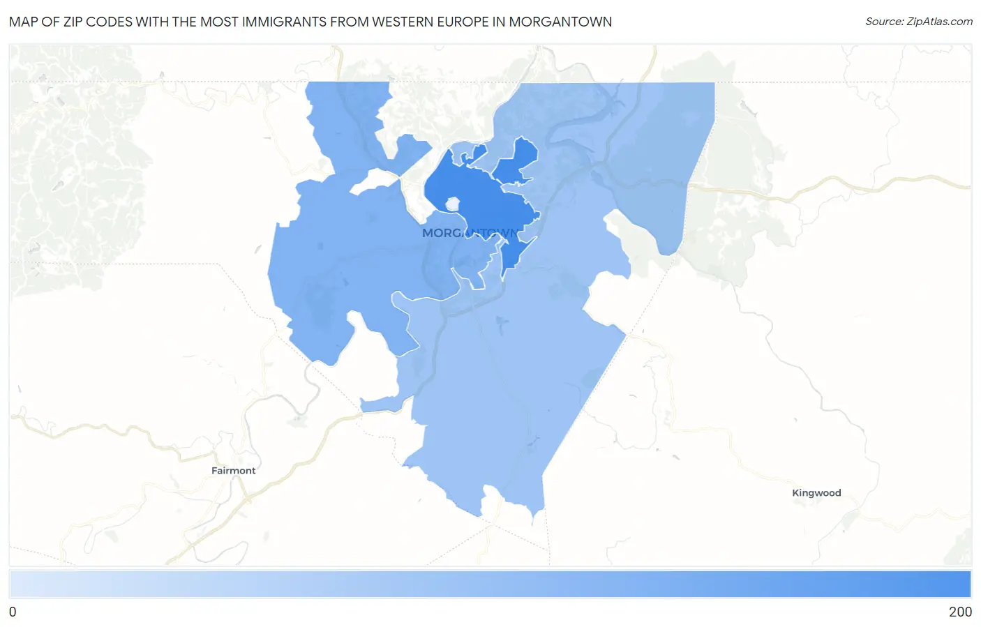 Zip Codes with the Most Immigrants from Western Europe in Morgantown Map