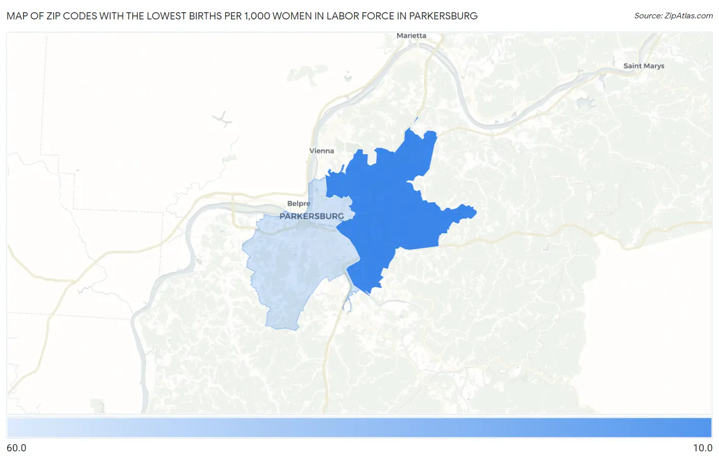 Zip Codes with the Lowest Births per 1,000 Women in Labor Force in Parkersburg Map