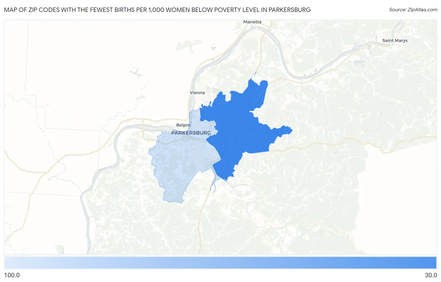 Zip Codes with the Fewest Births per 1,000 Women Below Poverty Level in Parkersburg Map