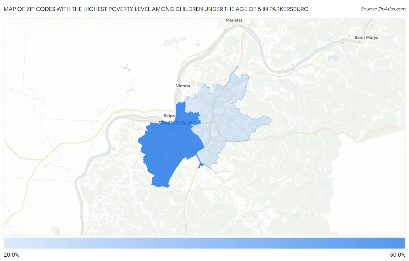 Zip Codes with the Highest Poverty Level Among Children Under the Age of 5 in Parkersburg Map