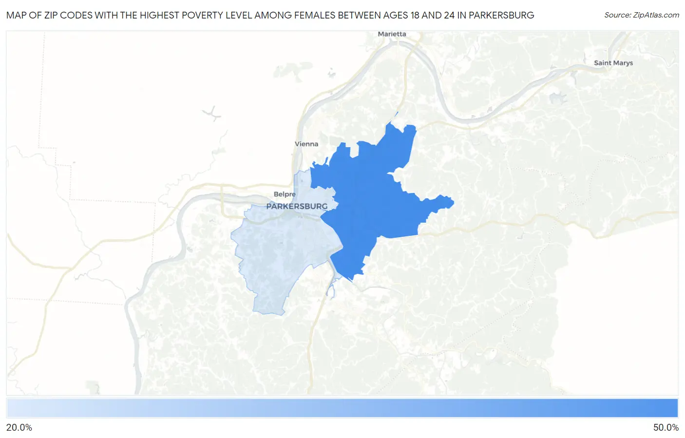 Zip Codes with the Highest Poverty Level Among Females Between Ages 18 and 24 in Parkersburg Map