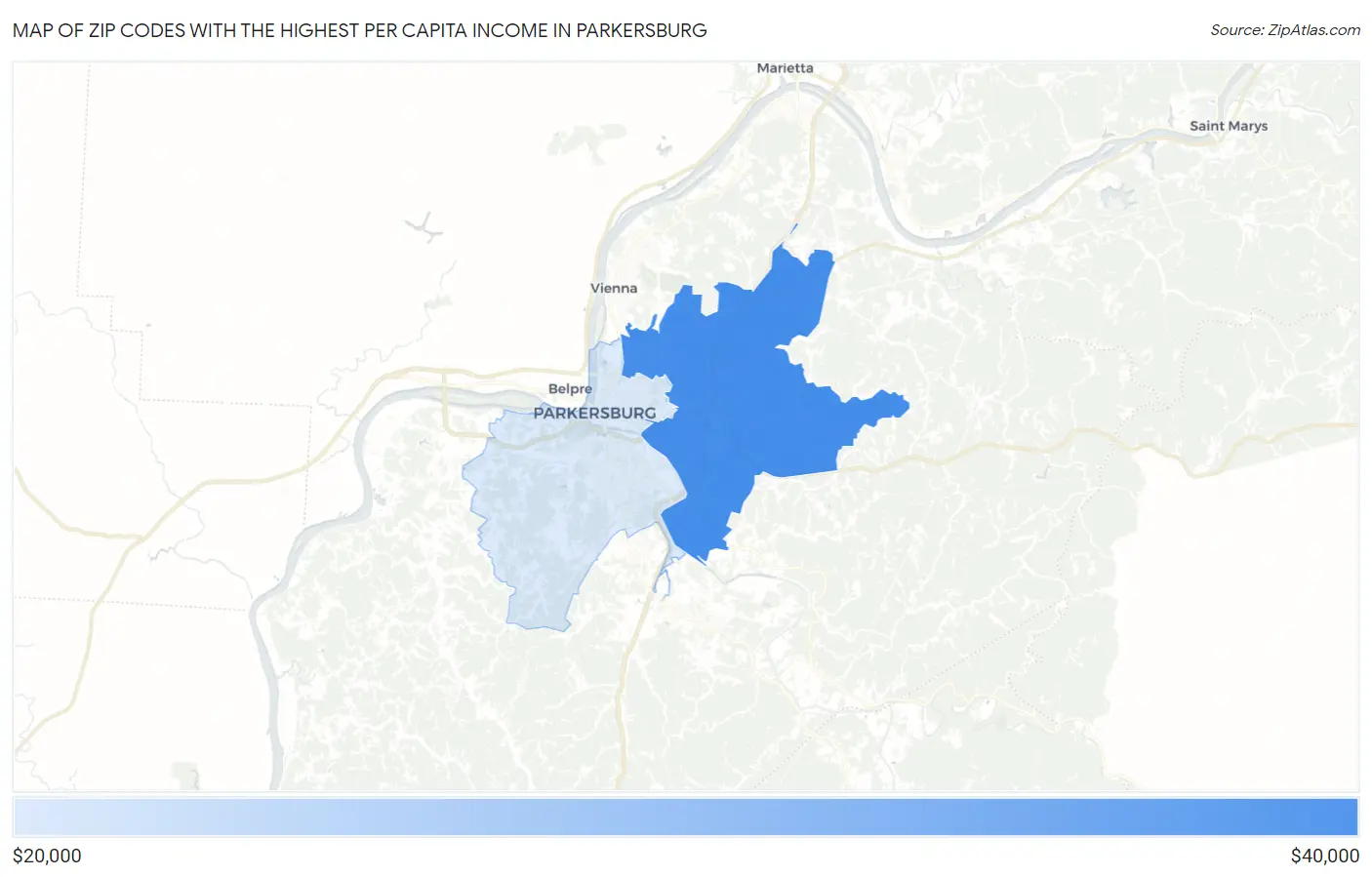 Zip Codes with the Highest Per Capita Income in Parkersburg Map