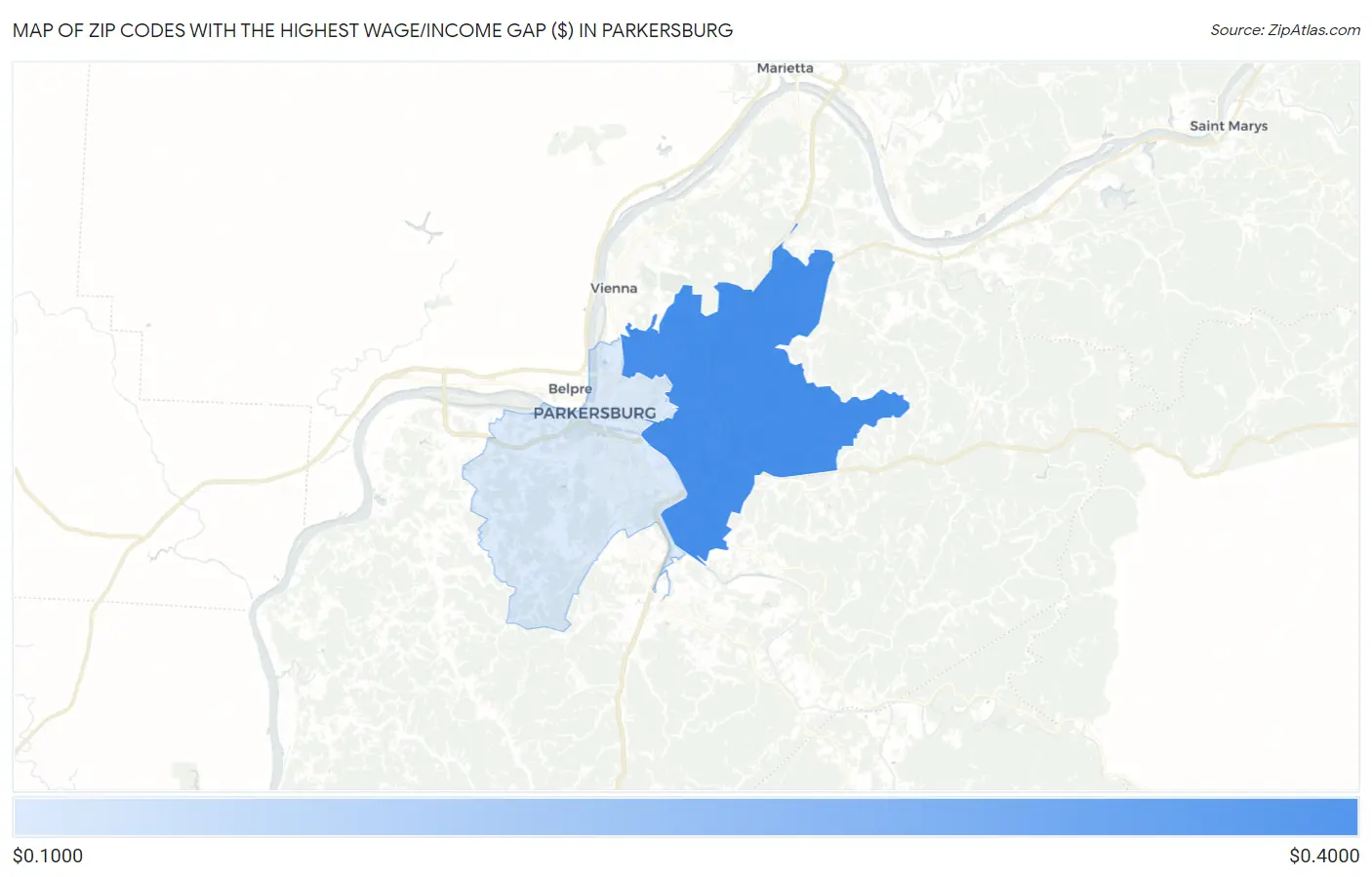 Zip Codes with the Highest Wage/Income Gap ($) in Parkersburg Map