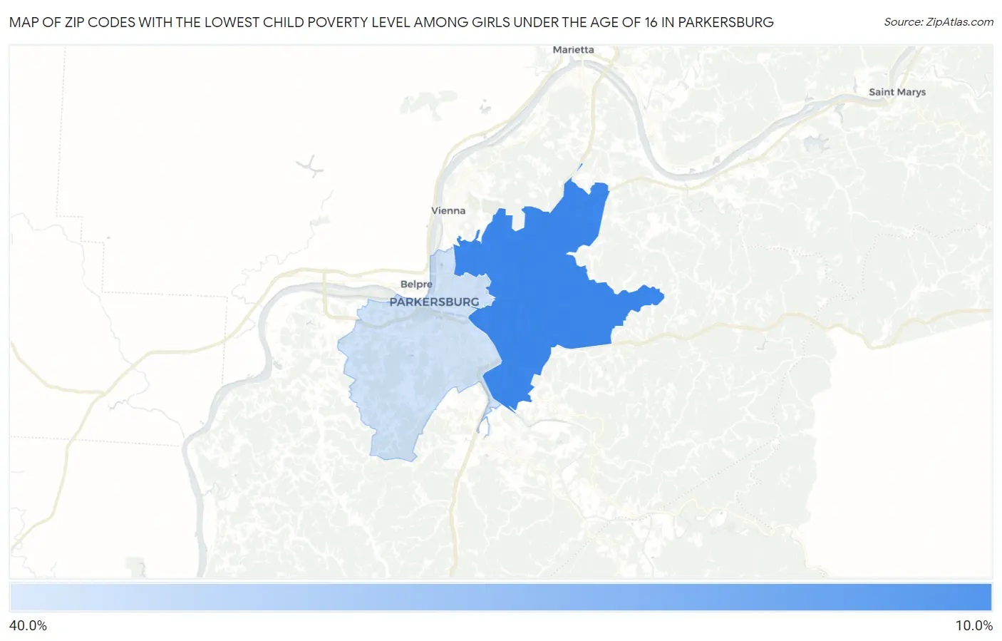 Zip Codes with the Lowest Child Poverty Level Among Girls Under the Age of 16 in Parkersburg Map