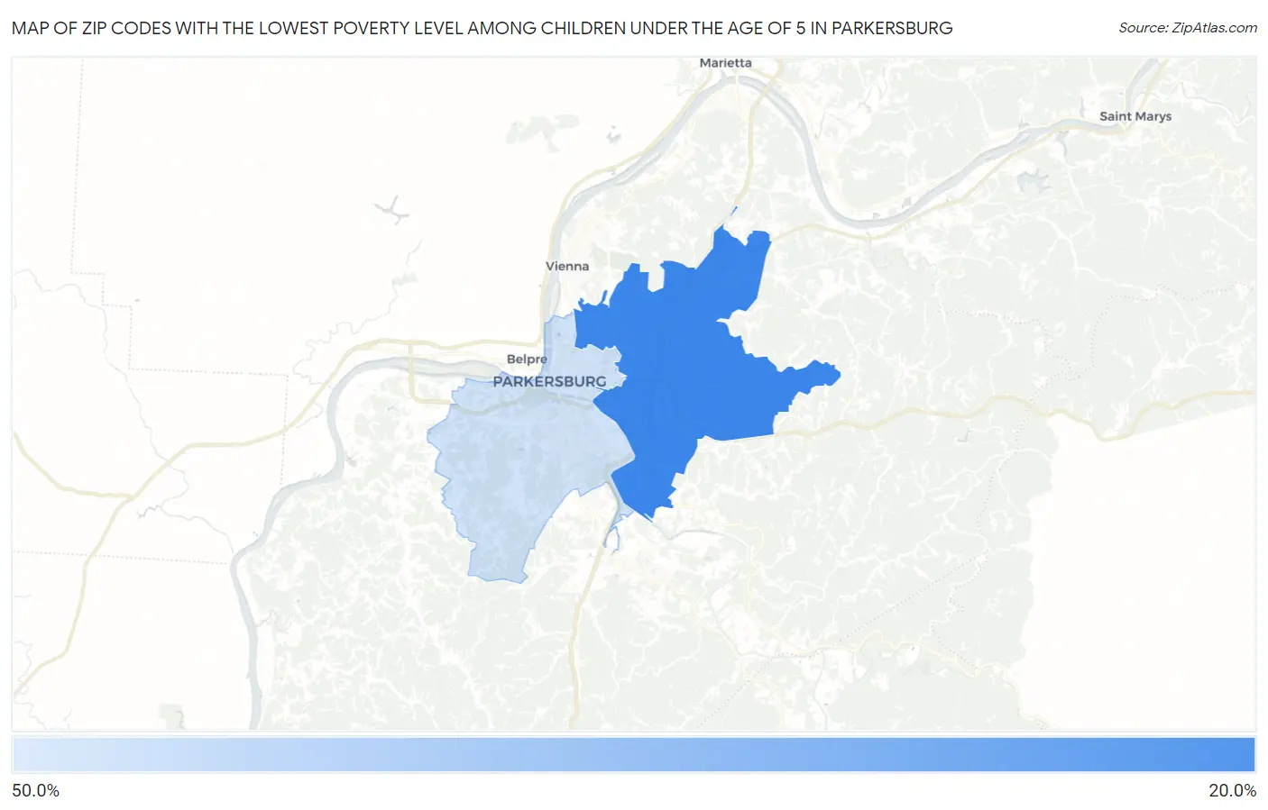 Zip Codes with the Lowest Poverty Level Among Children Under the Age of 5 in Parkersburg Map