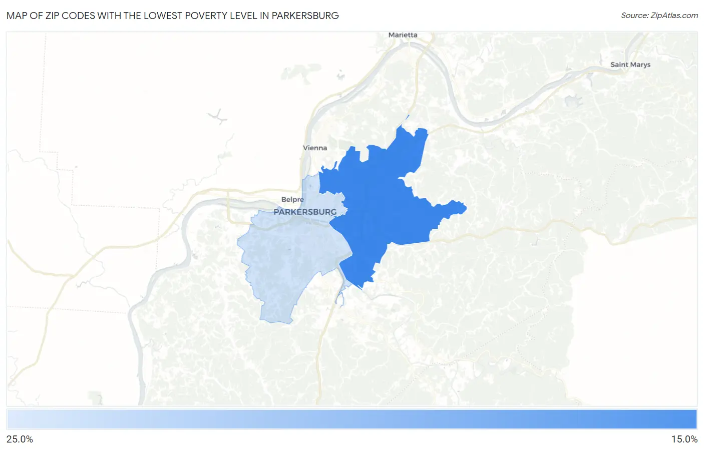 Zip Codes with the Lowest Poverty Level in Parkersburg Map