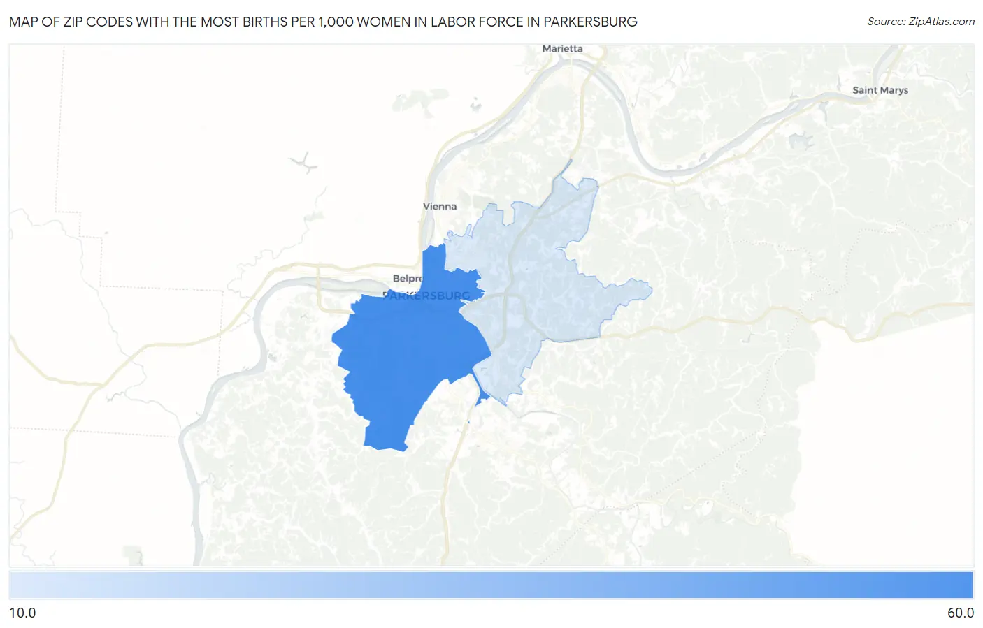 Zip Codes with the Most Births per 1,000 Women in Labor Force in Parkersburg Map