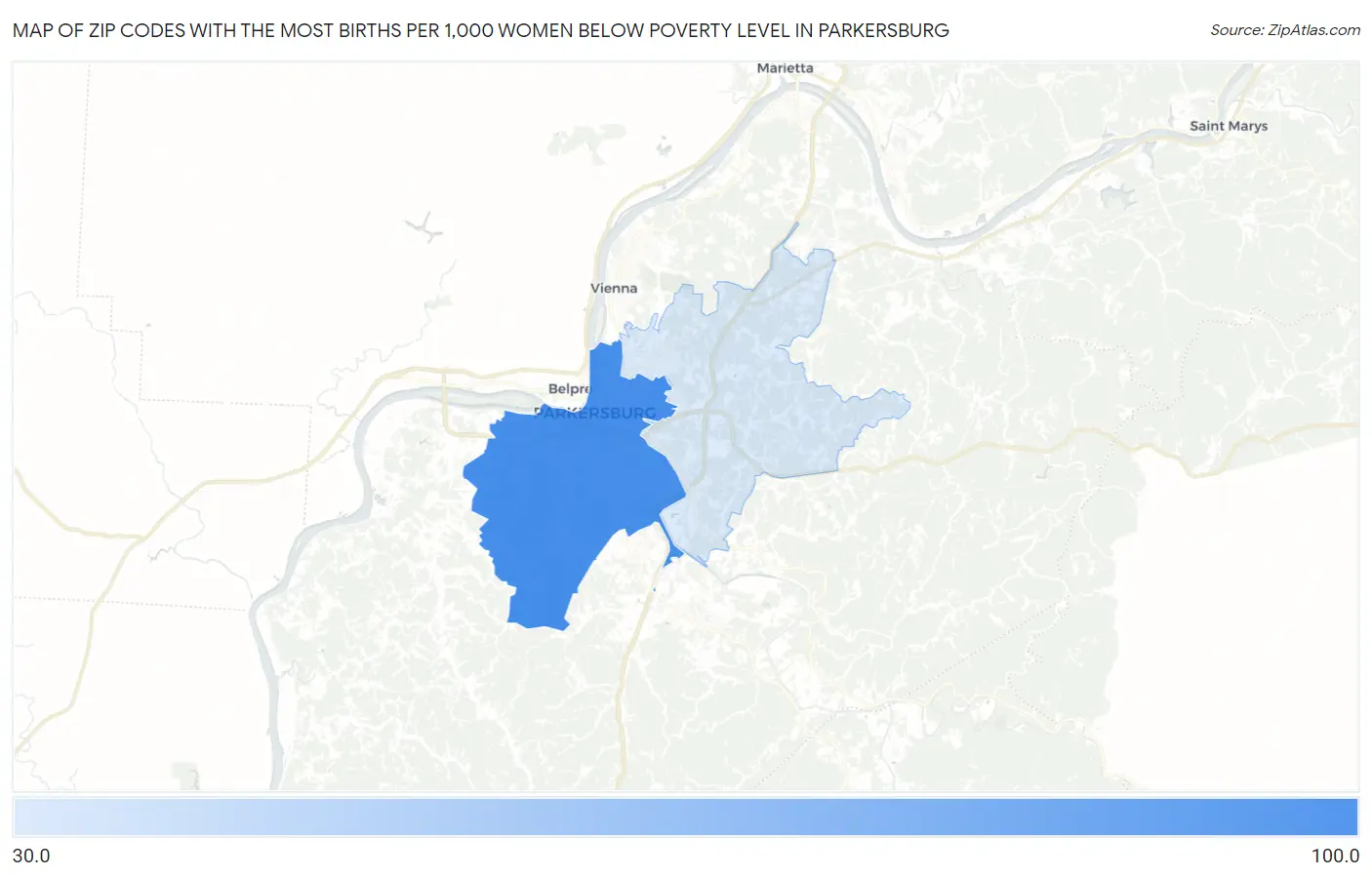 Zip Codes with the Most Births per 1,000 Women Below Poverty Level in Parkersburg Map