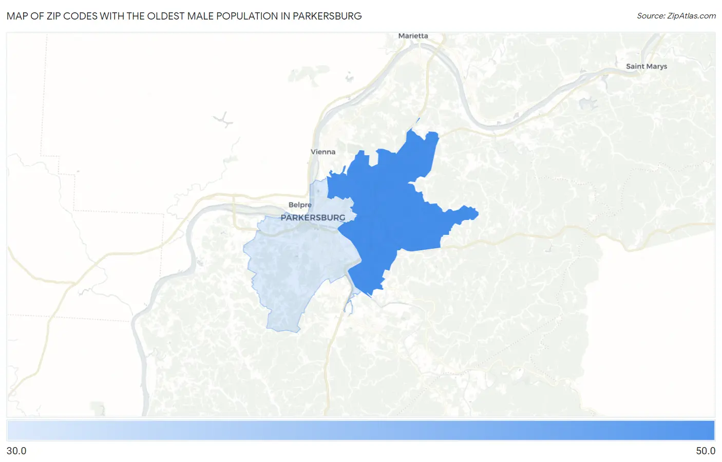 Zip Codes with the Oldest Male Population in Parkersburg Map