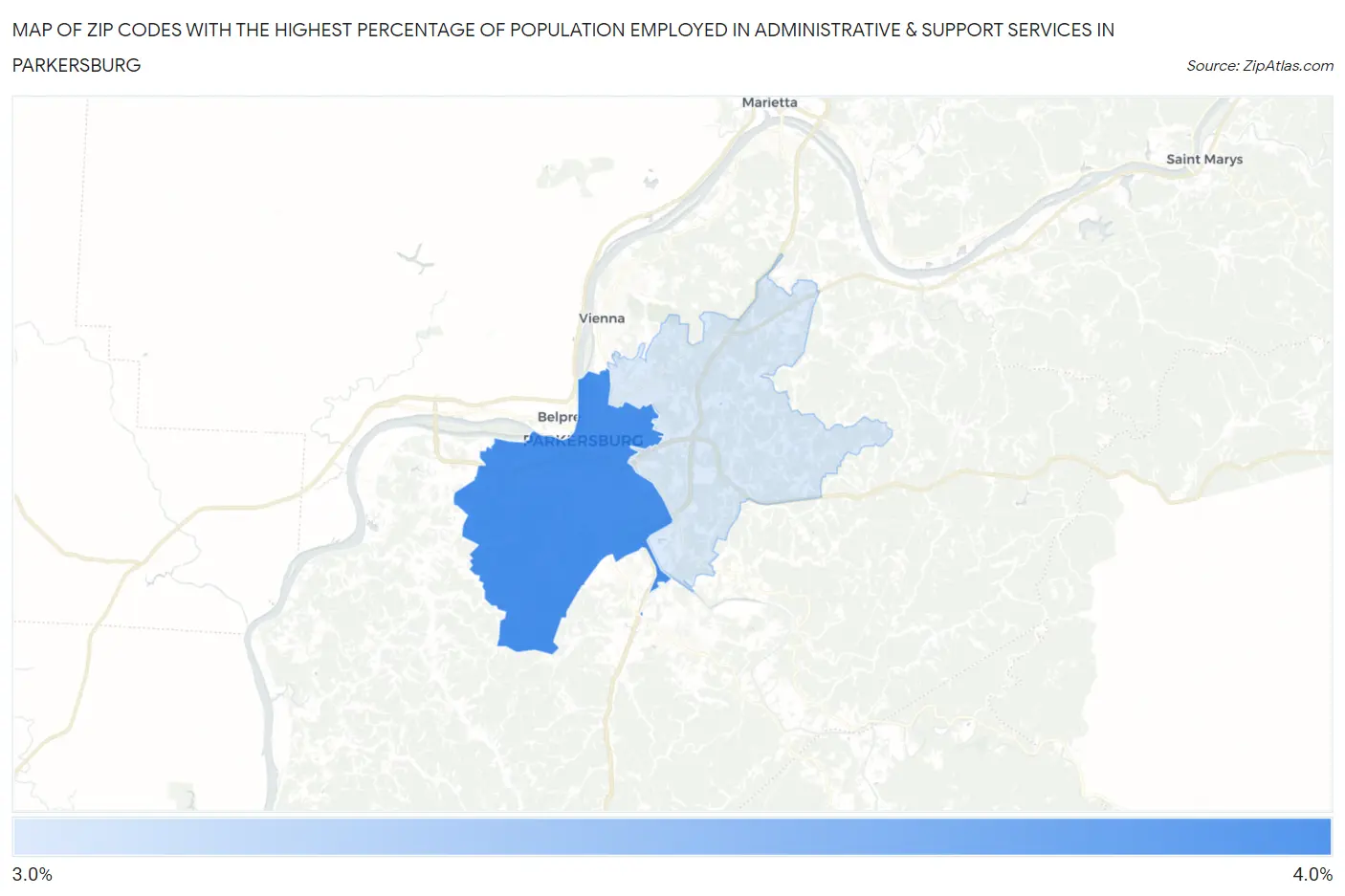 Zip Codes with the Highest Percentage of Population Employed in Administrative & Support Services in Parkersburg Map