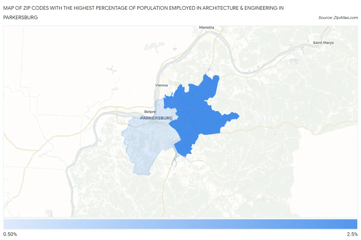 Zip Codes with the Highest Percentage of Population Employed in Architecture & Engineering in Parkersburg Map