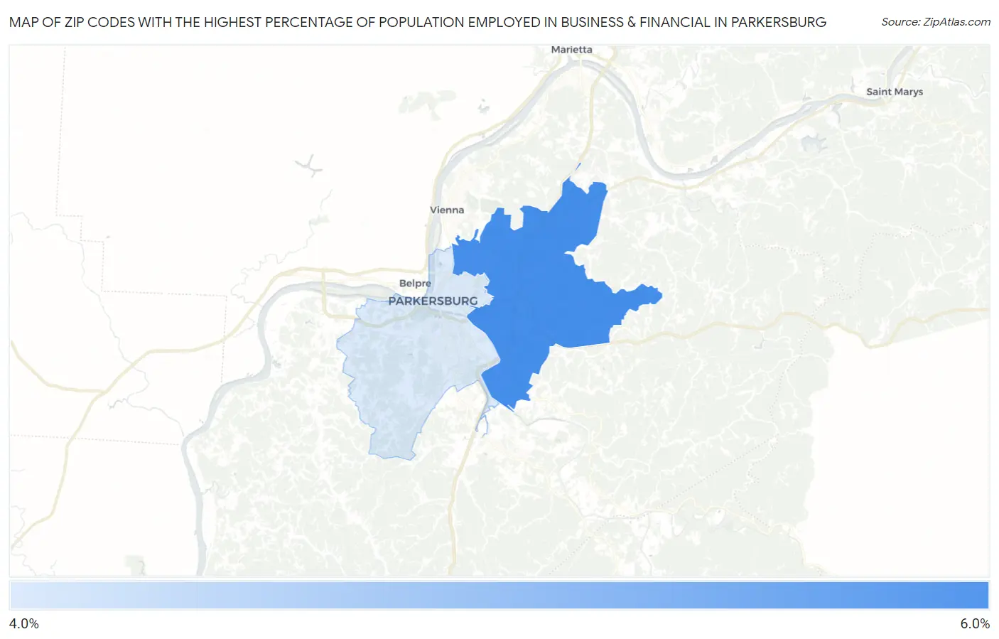 Zip Codes with the Highest Percentage of Population Employed in Business & Financial in Parkersburg Map