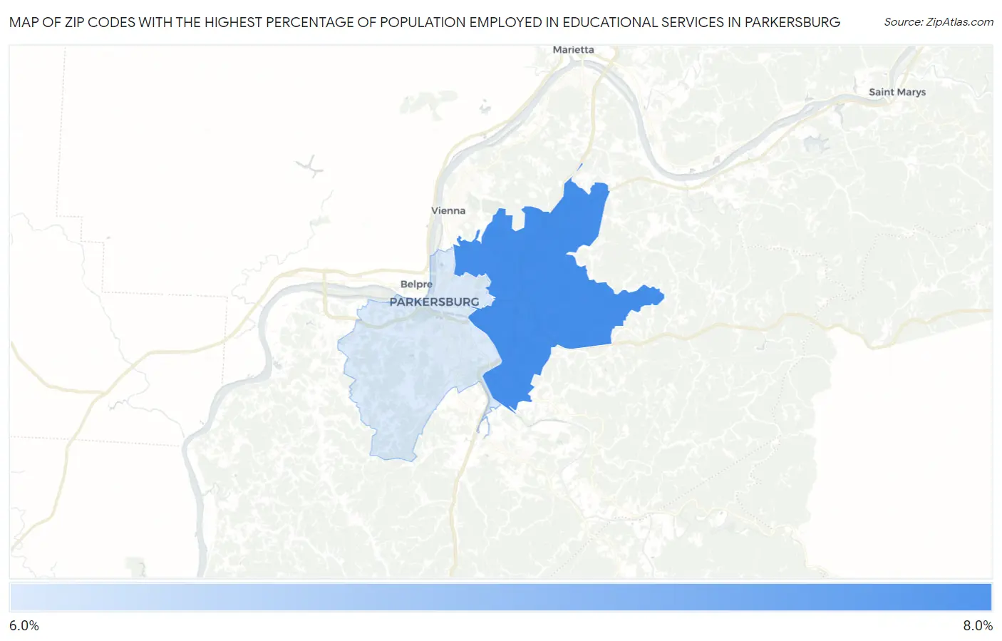 Zip Codes with the Highest Percentage of Population Employed in Educational Services in Parkersburg Map