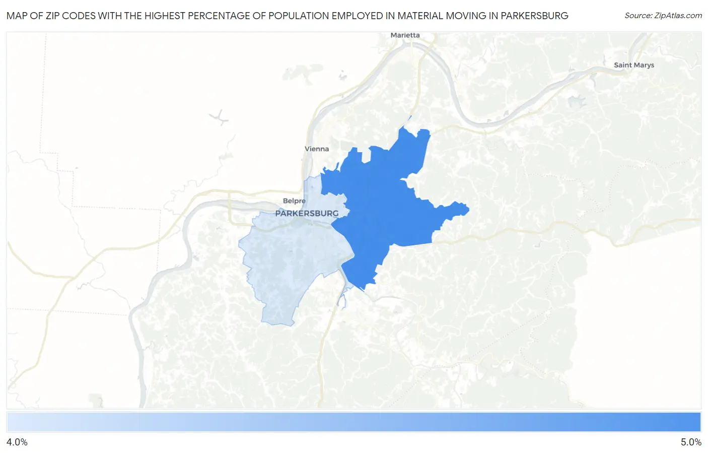 Zip Codes with the Highest Percentage of Population Employed in Material Moving in Parkersburg Map