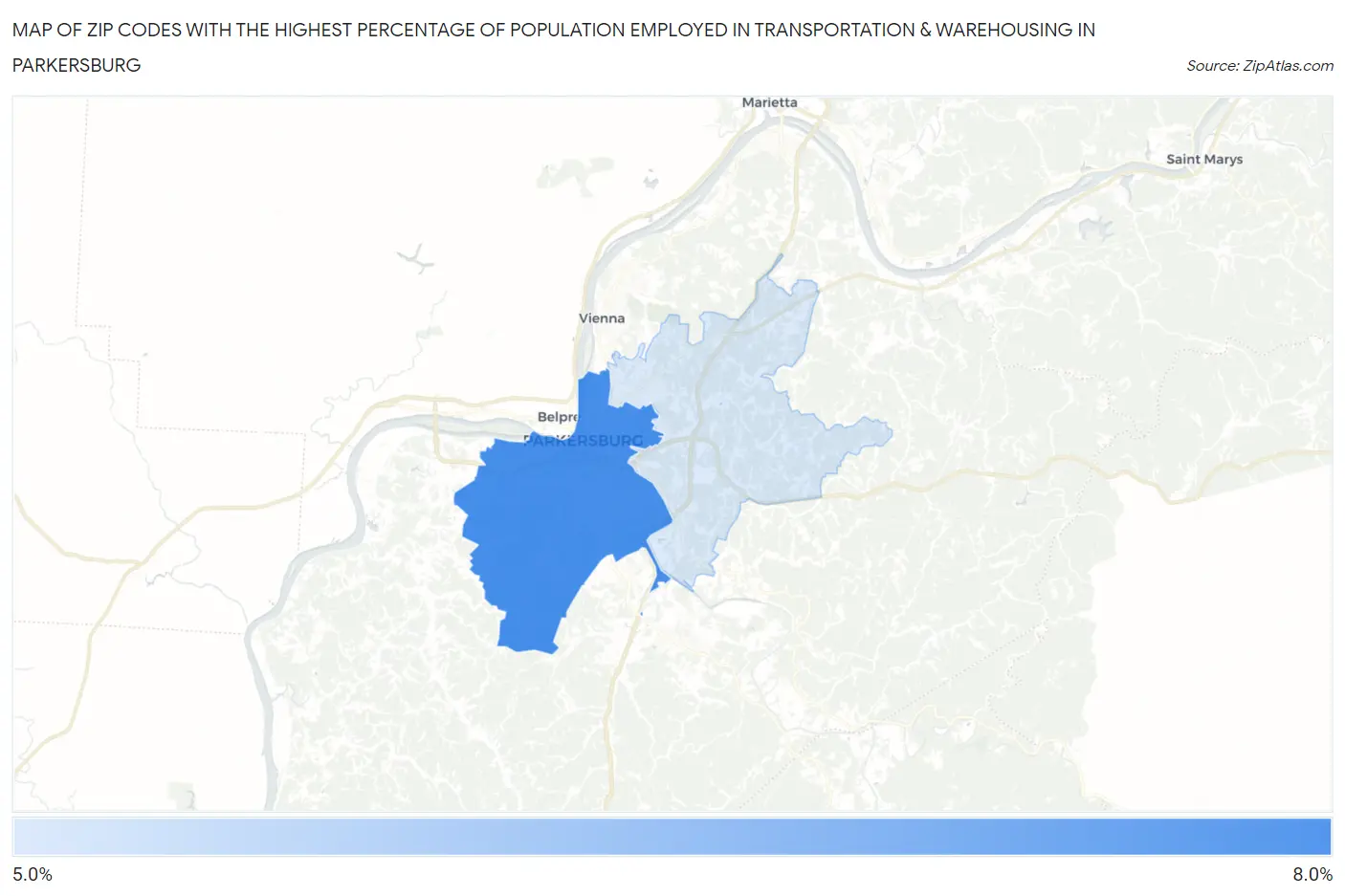 Zip Codes with the Highest Percentage of Population Employed in Transportation & Warehousing in Parkersburg Map
