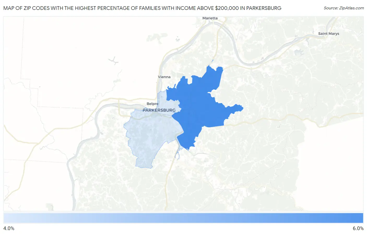 Zip Codes with the Highest Percentage of Families with Income Above $200,000 in Parkersburg Map