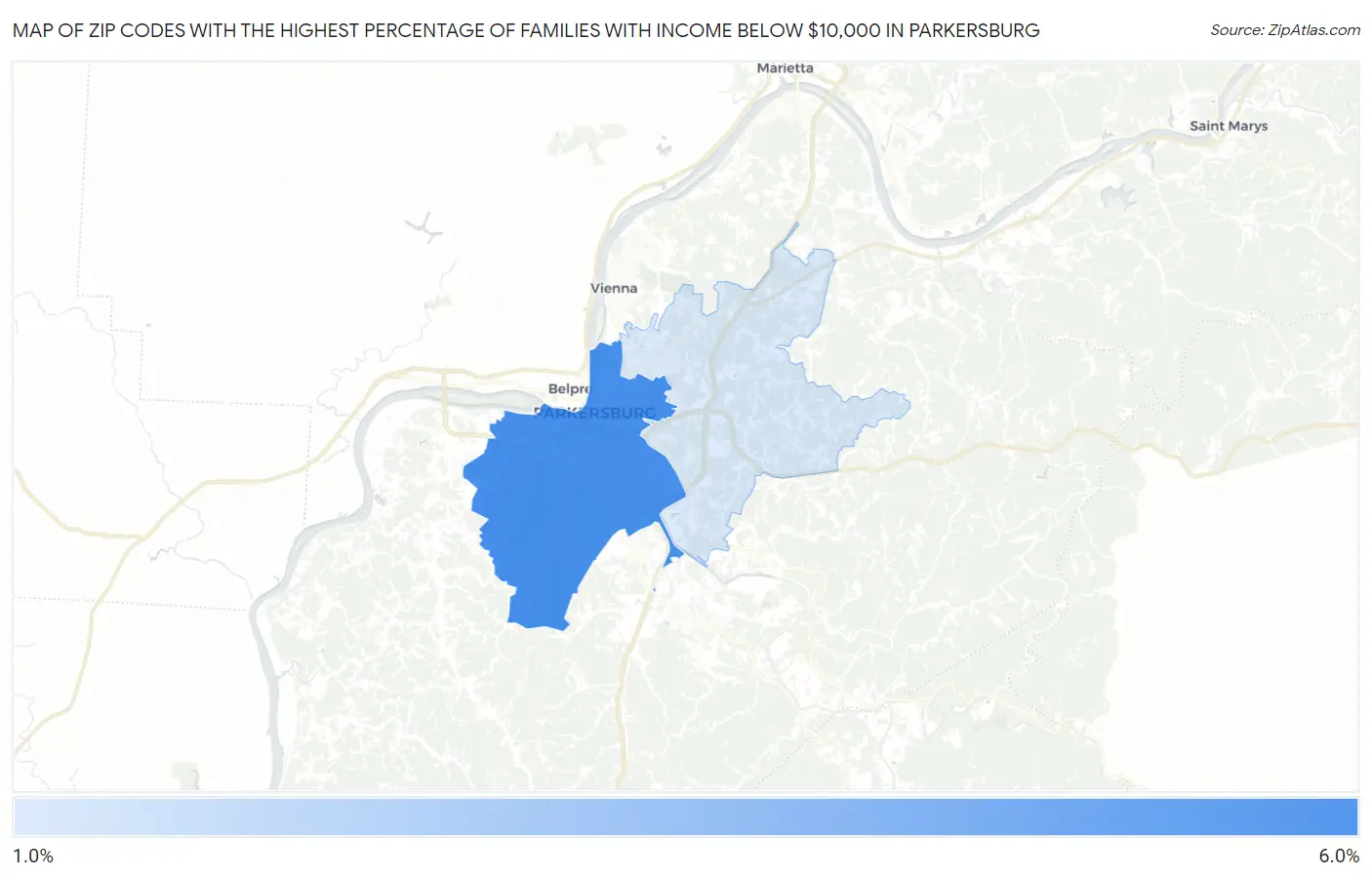 Zip Codes with the Highest Percentage of Families with Income Below $10,000 in Parkersburg Map