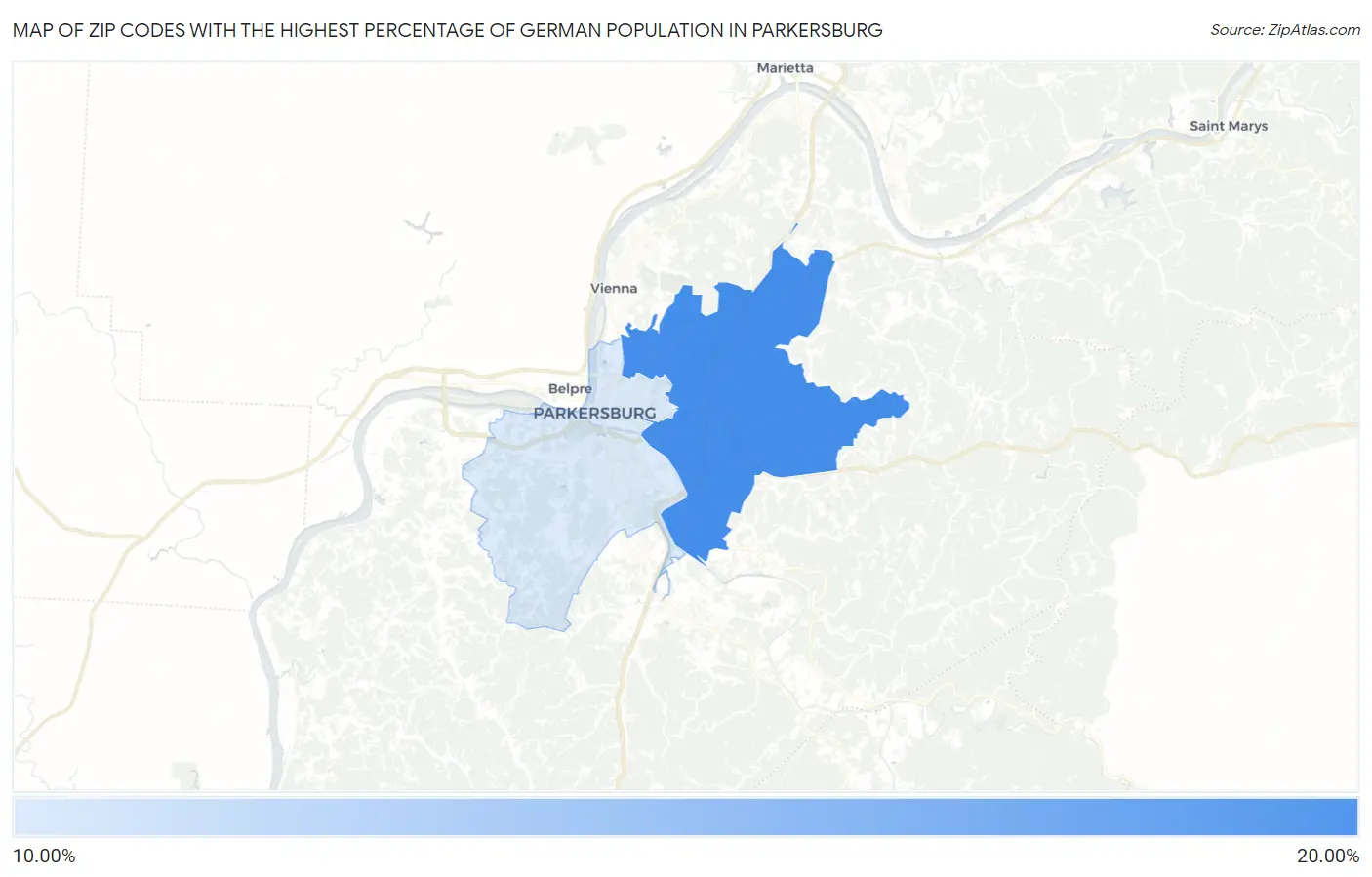 Zip Codes with the Highest Percentage of German Population in Parkersburg Map
