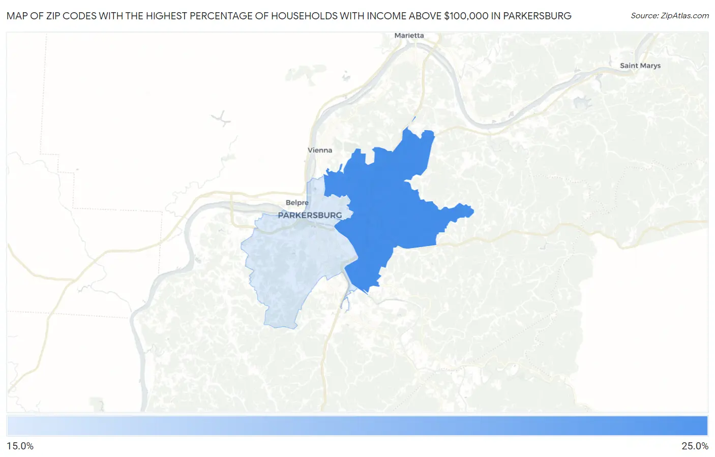 Zip Codes with the Highest Percentage of Households with Income Above $100,000 in Parkersburg Map