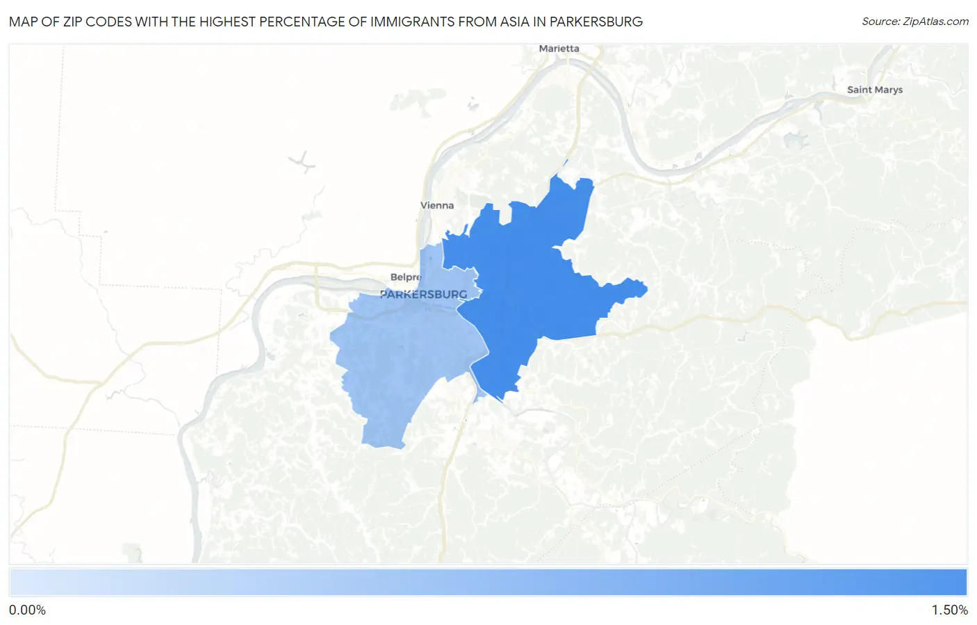 Zip Codes with the Highest Percentage of Immigrants from Asia in Parkersburg Map