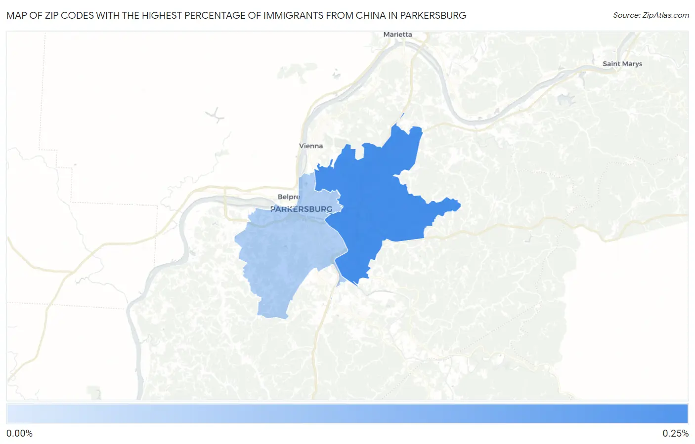 Zip Codes with the Highest Percentage of Immigrants from China in Parkersburg Map