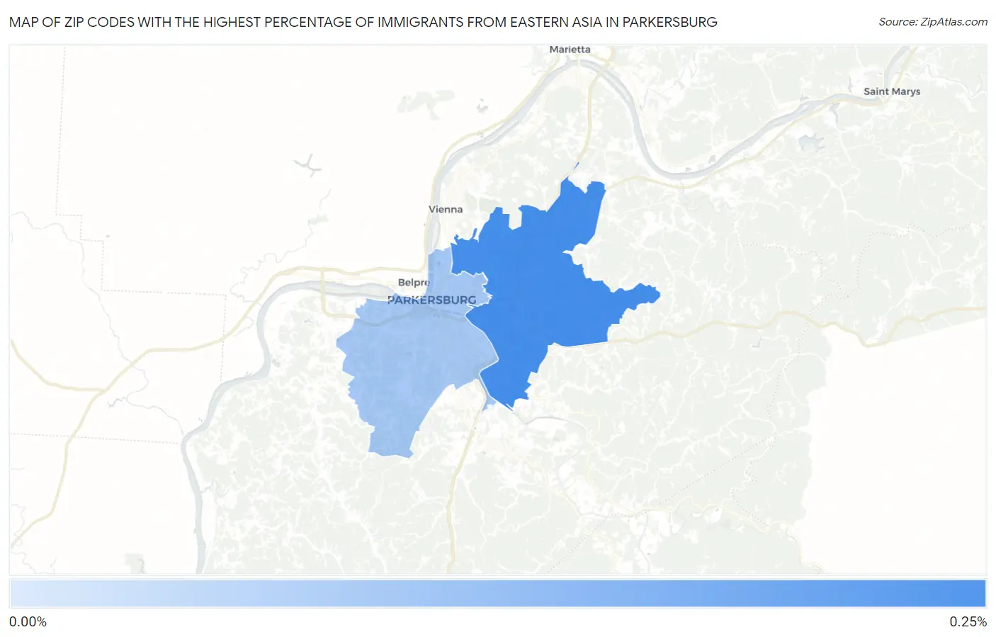 Zip Codes with the Highest Percentage of Immigrants from Eastern Asia in Parkersburg Map