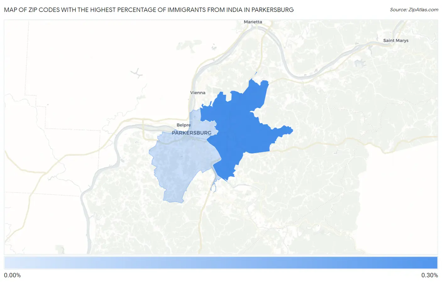 Zip Codes with the Highest Percentage of Immigrants from India in Parkersburg Map