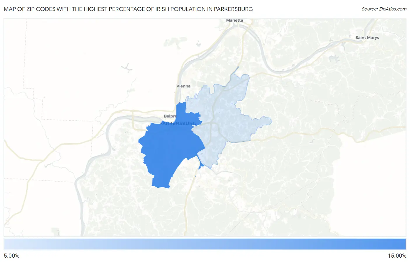 Zip Codes with the Highest Percentage of Irish Population in Parkersburg Map