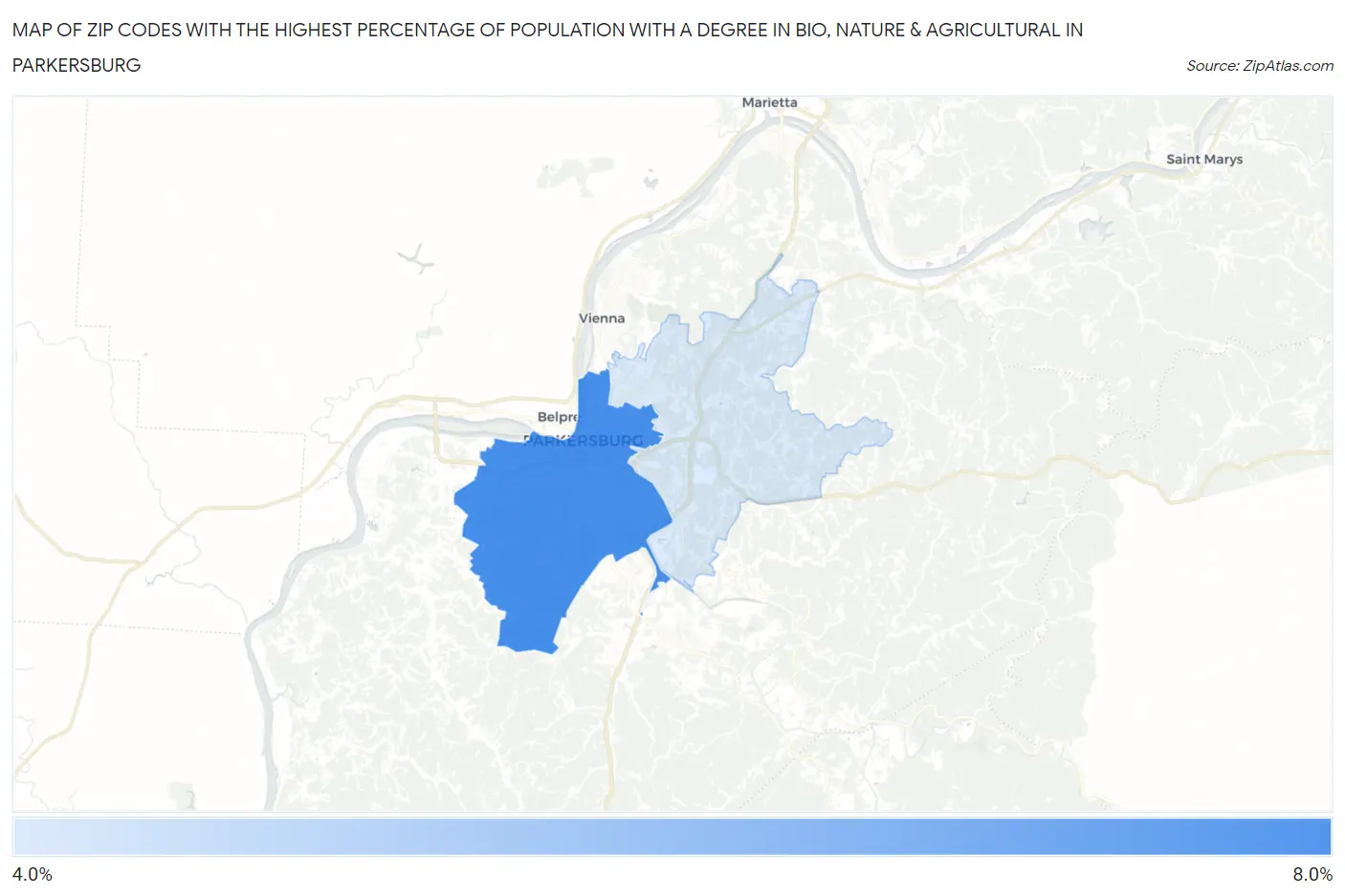 Zip Codes with the Highest Percentage of Population with a Degree in Bio, Nature & Agricultural in Parkersburg Map