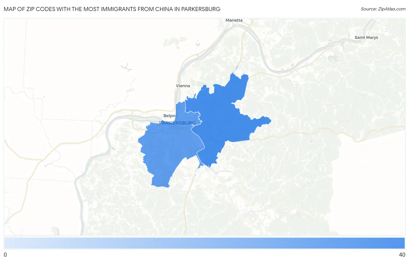 Zip Codes with the Most Immigrants from China in Parkersburg Map