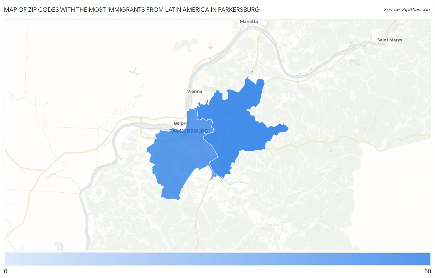 Zip Codes with the Most Immigrants from Latin America in Parkersburg Map