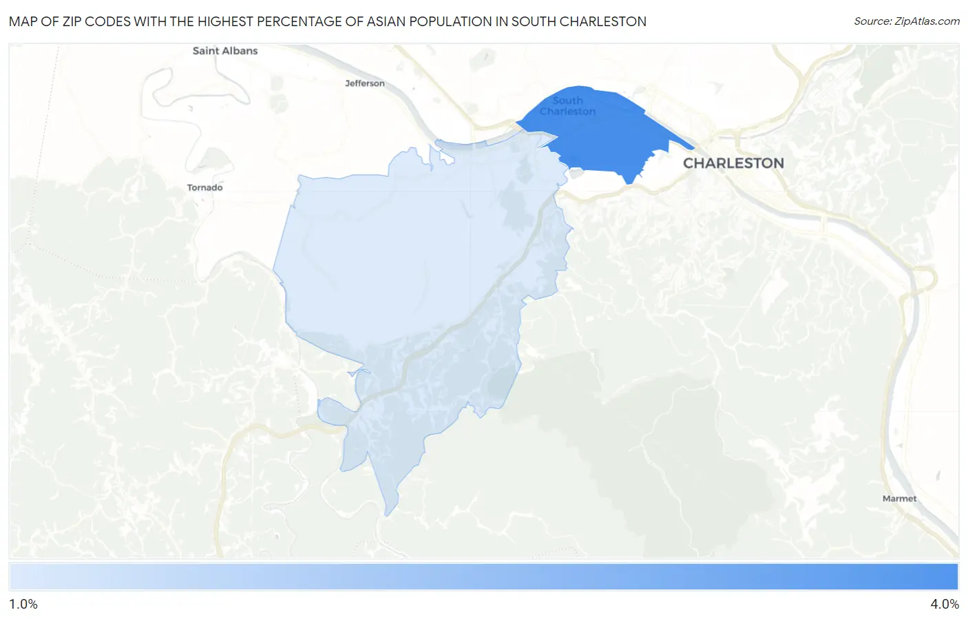 Zip Codes with the Highest Percentage of Asian Population in South Charleston Map