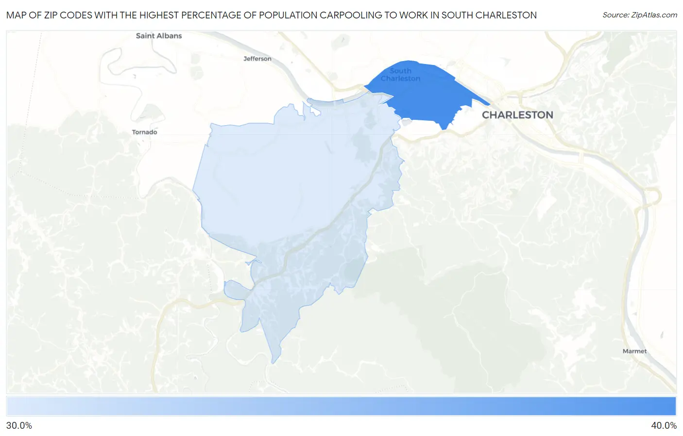 Zip Codes with the Highest Percentage of Population Carpooling to Work in South Charleston Map